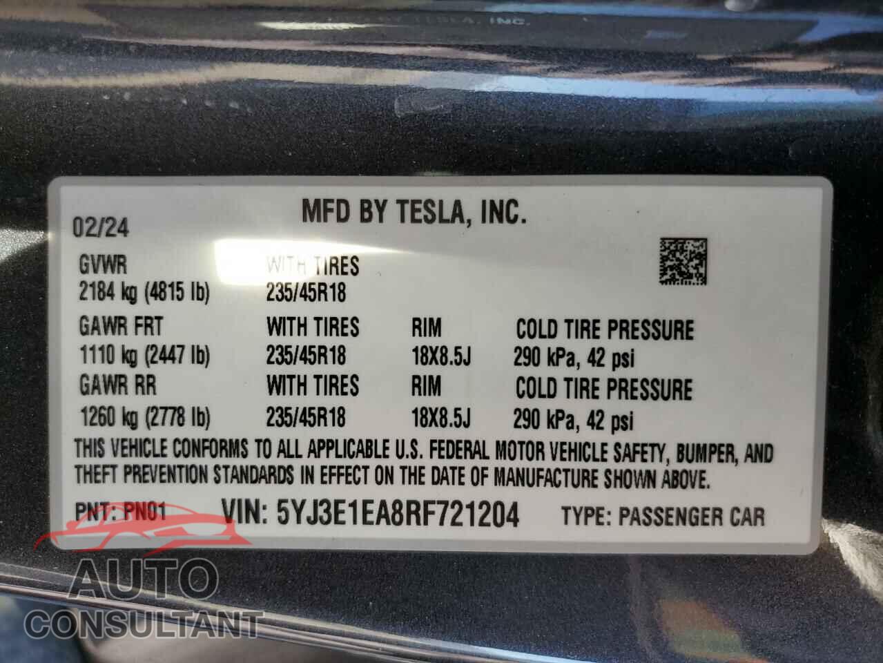 TESLA MODEL 3 2024 - 5YJ3E1EA8RF721204