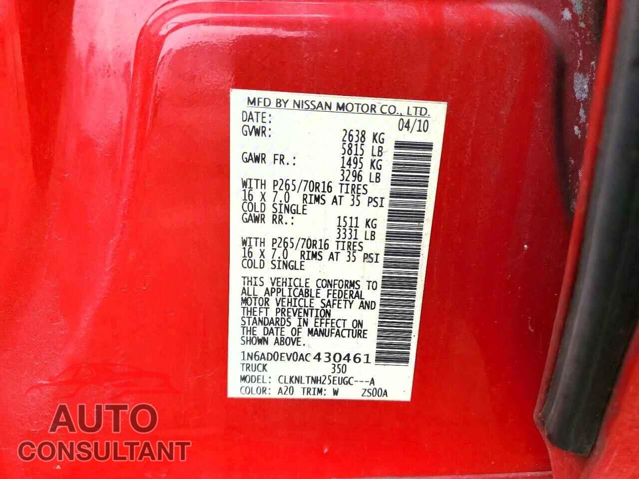 NISSAN FRONTIER 2010 - 1N6AD0EV0AC430461