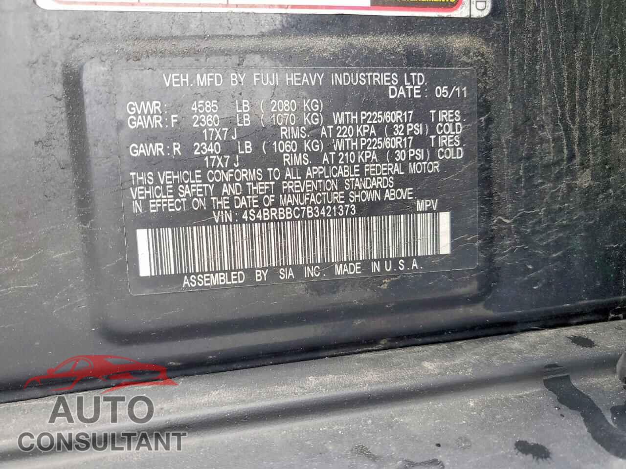 SUBARU OUTBACK 2011 - 4S4BRBBC7B3421373