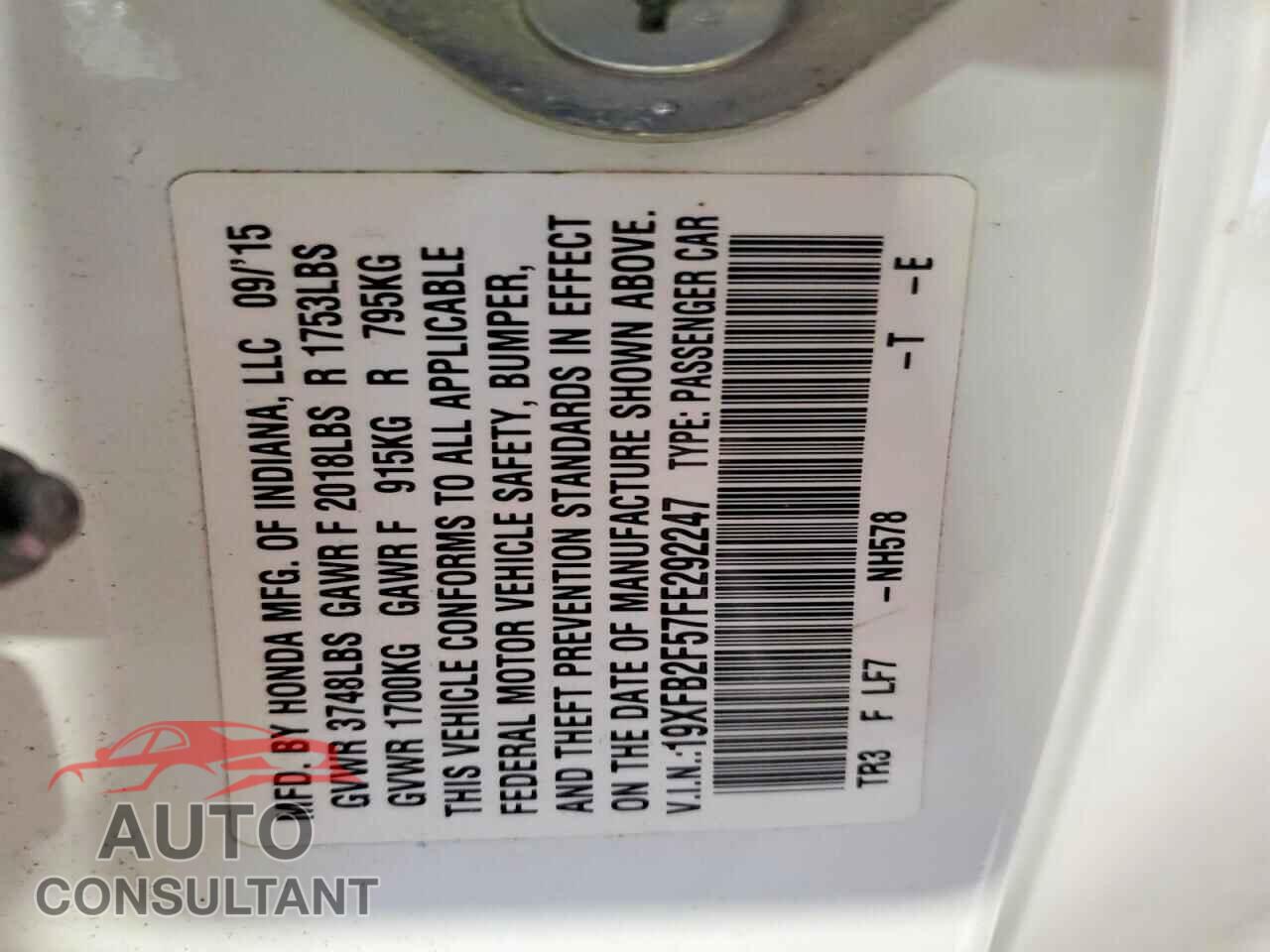 HONDA CIVIC 2015 - 19XFB2F57FE292247