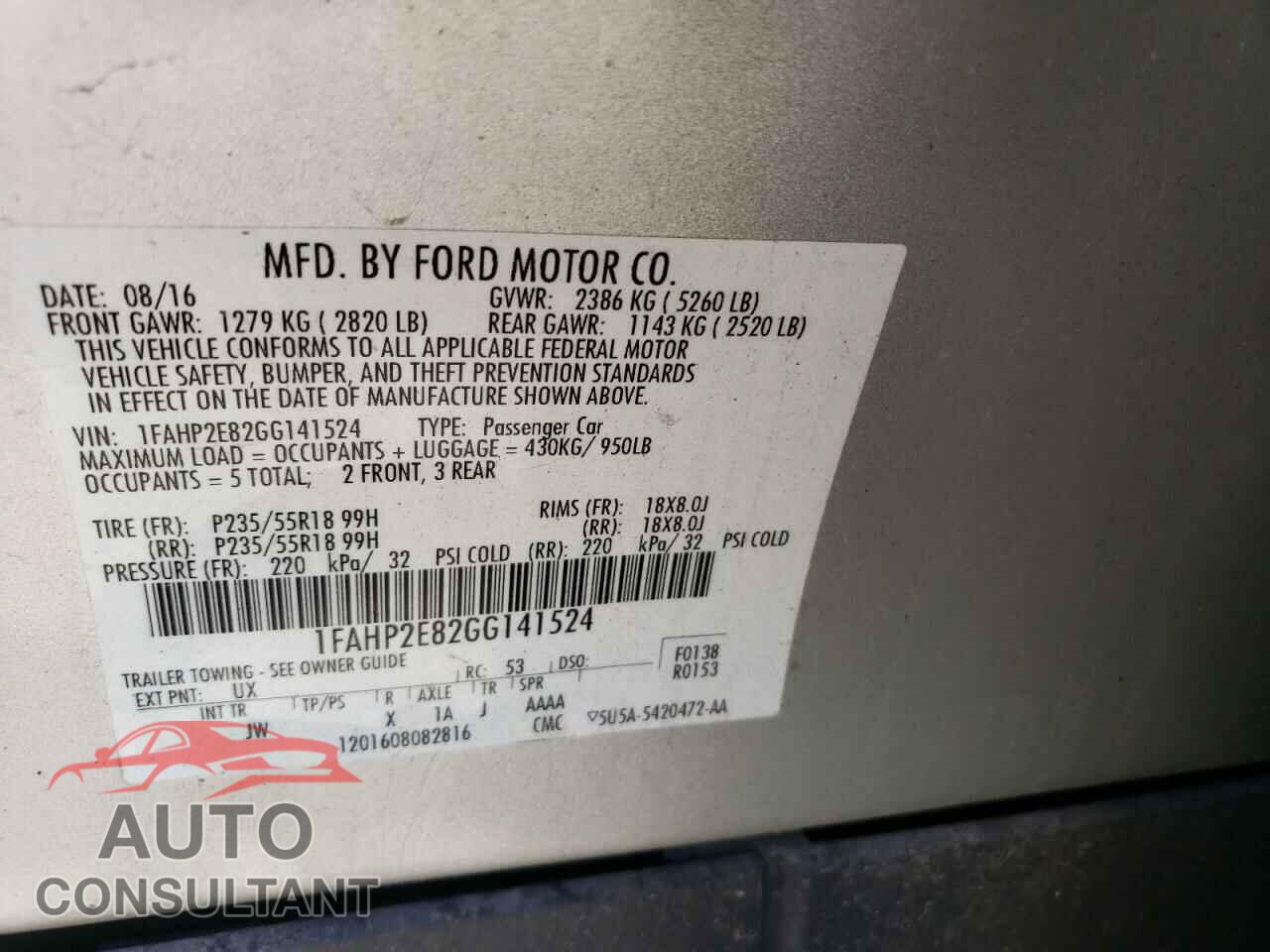 FORD TAURUS 2016 - 1FAHP2E82GG141524