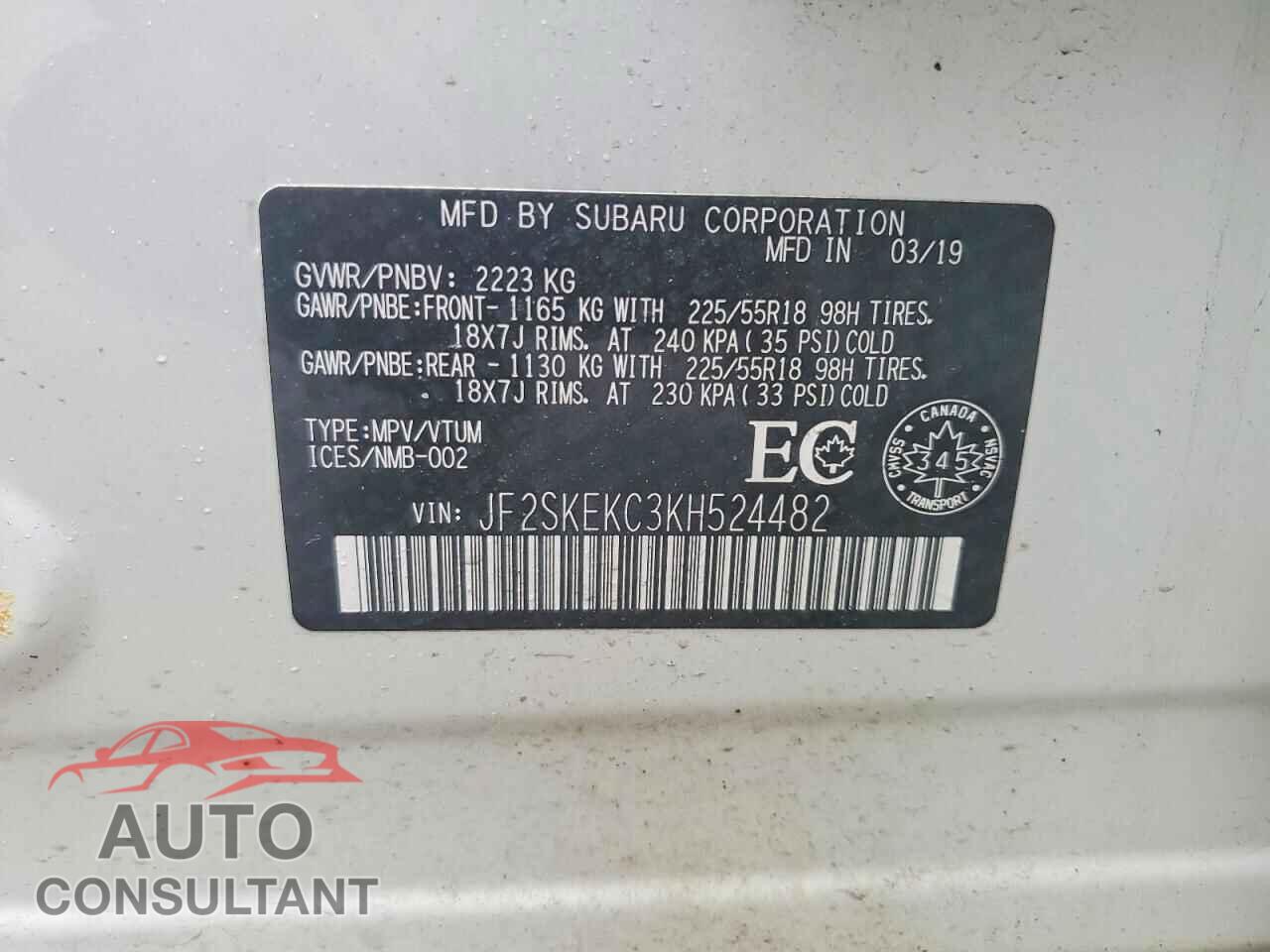 SUBARU FORESTER 2019 - JF2SKEKC3KH524482