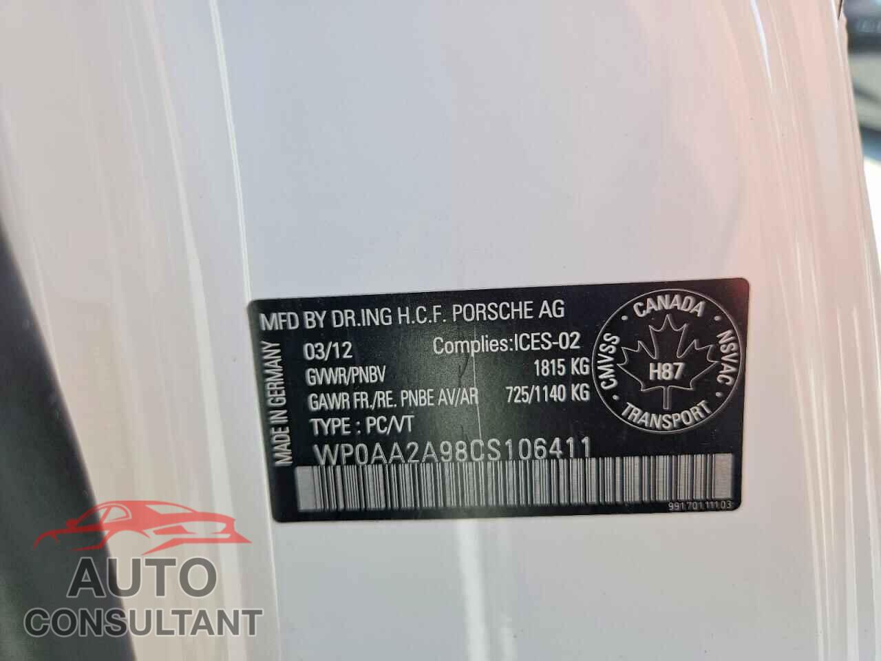 PORSCHE 911 2012 - WP0AA2A98CS106411