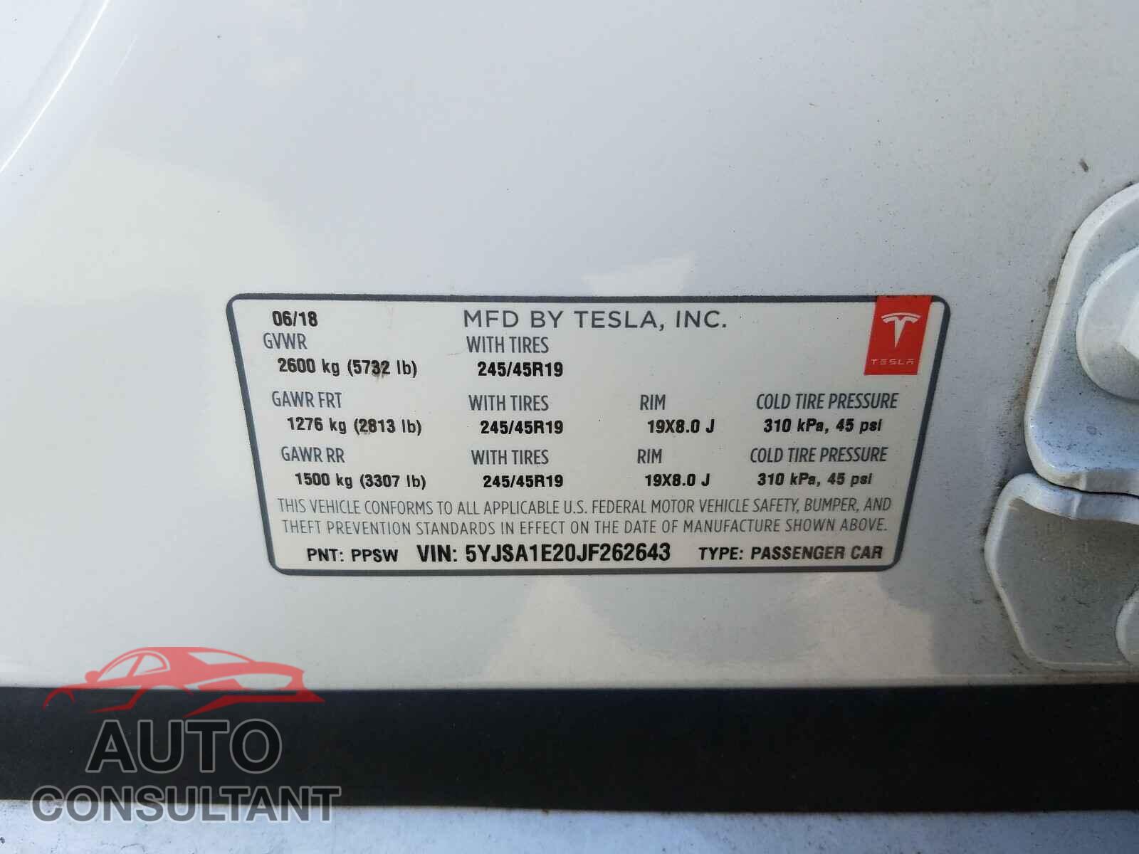 TESLA MODEL S 2018 - 5YJSA1E20JF262643