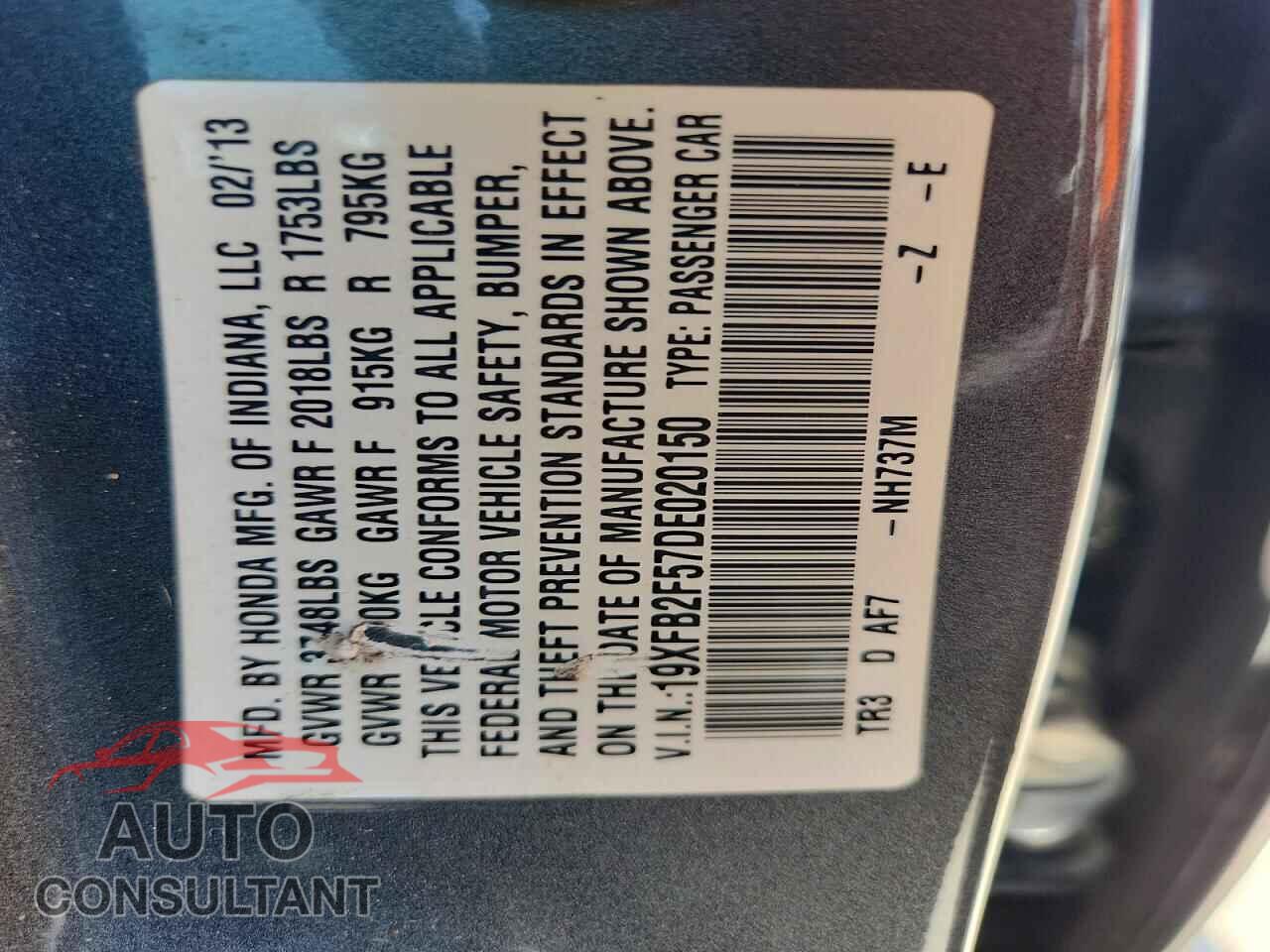 HONDA CIVIC 2013 - 19XFB2F57DE020150
