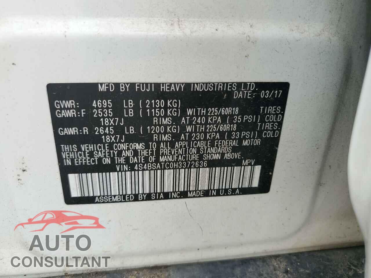 SUBARU OUTBACK 2017 - 4S4BSATC0H3372636