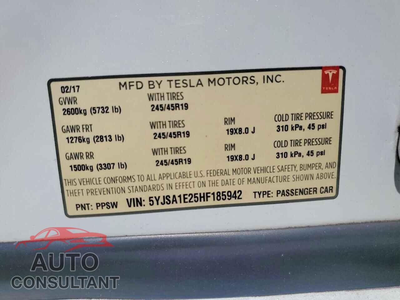 TESLA MODEL S 2017 - 5YJSA1E25HF185942