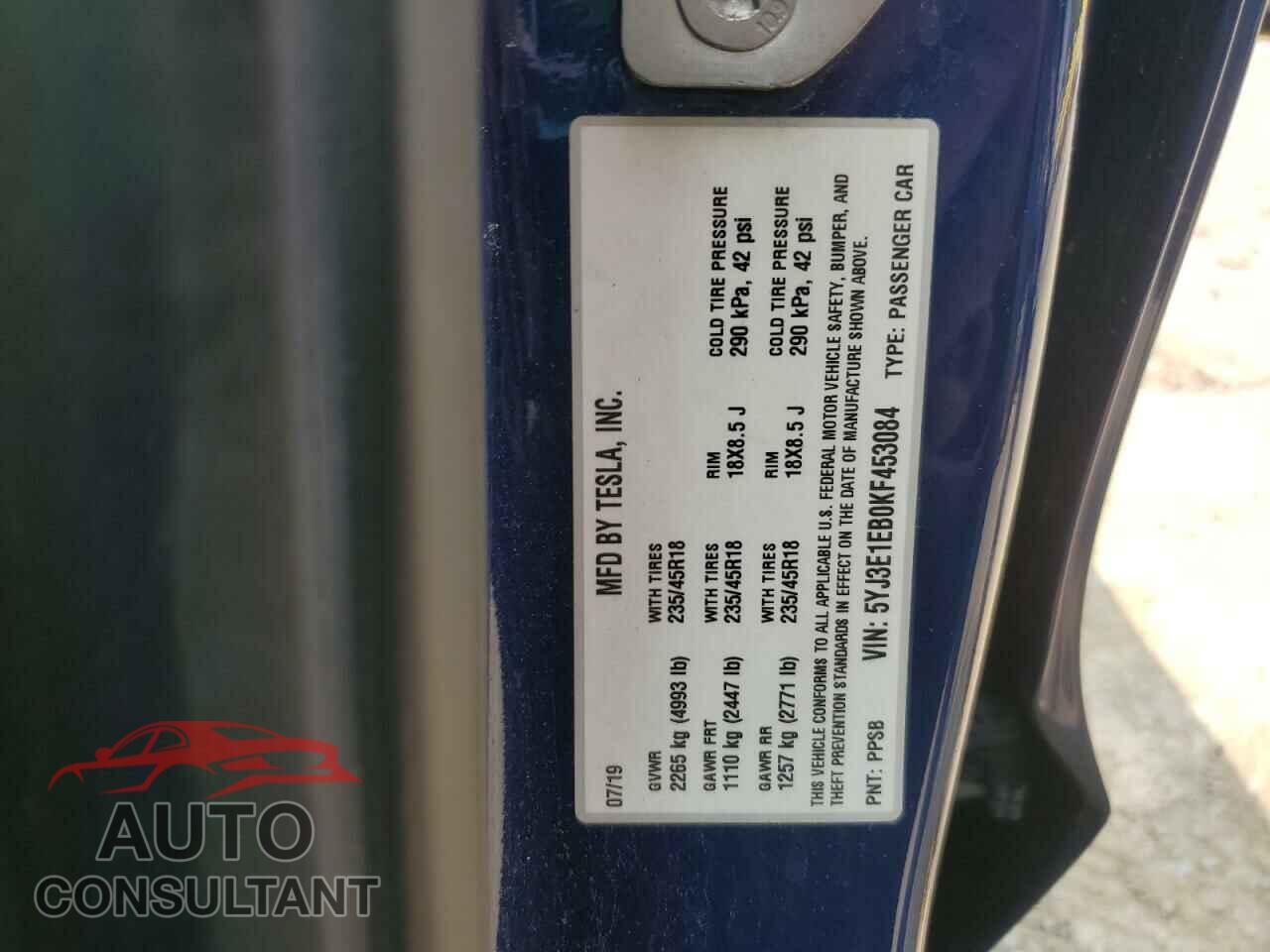 TESLA MODEL 3 2019 - 5YJ3E1EB0KF453084