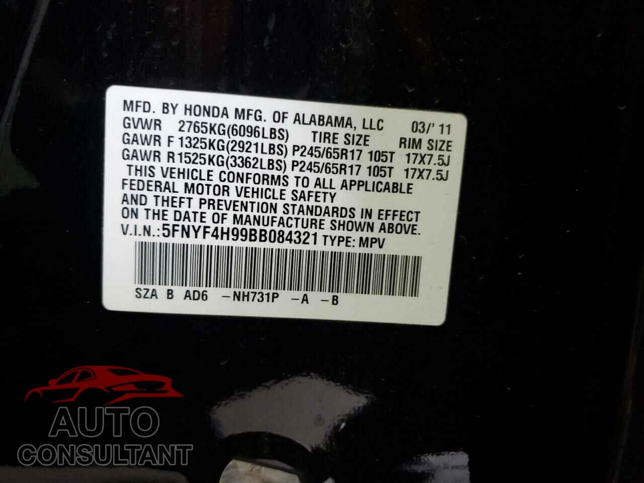 HONDA PILOT 2011 - 5FNYF4H99BB084321