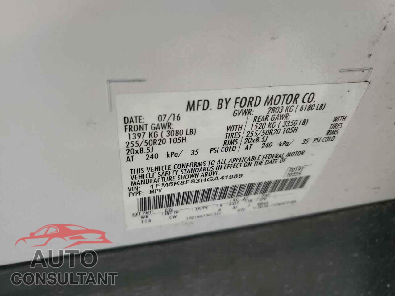 FORD EXPLORER 2017 - 1FM5K8F83HGA41989