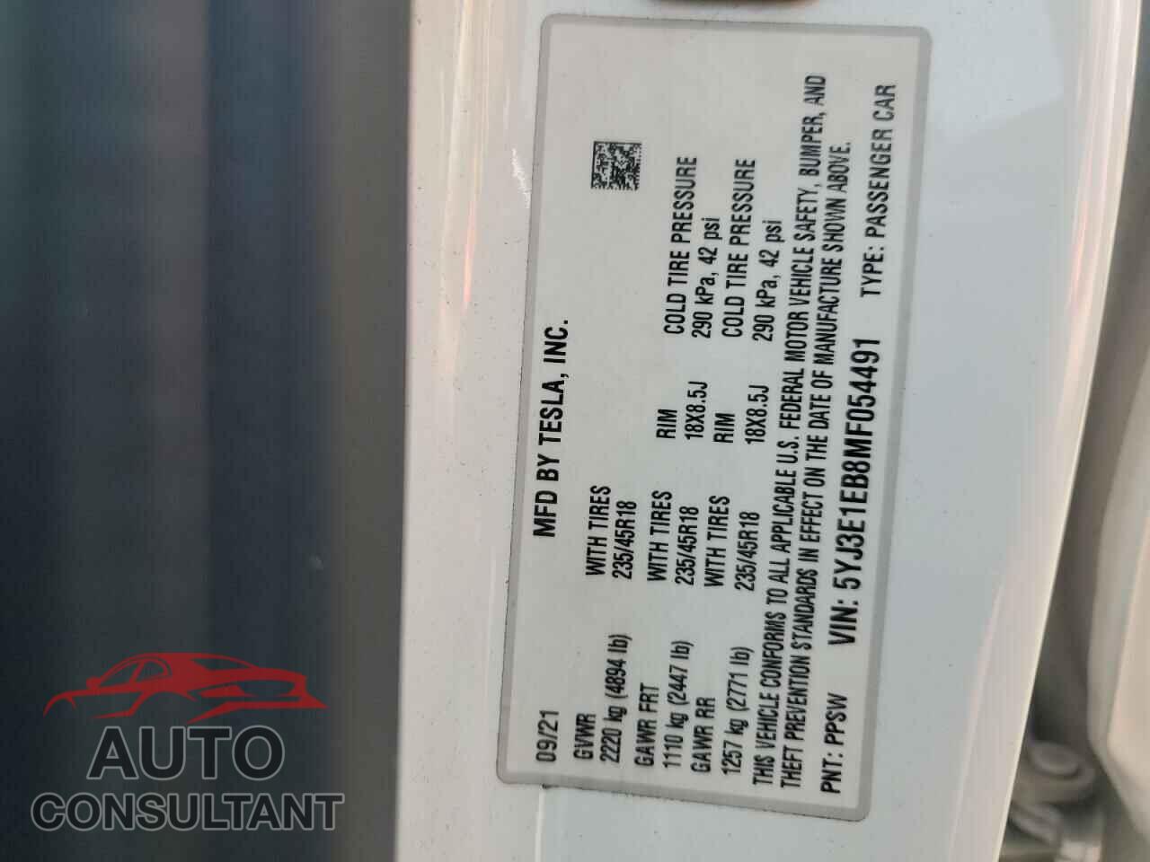 TESLA MODEL 3 2021 - 5YJ3E1EB8MF054491