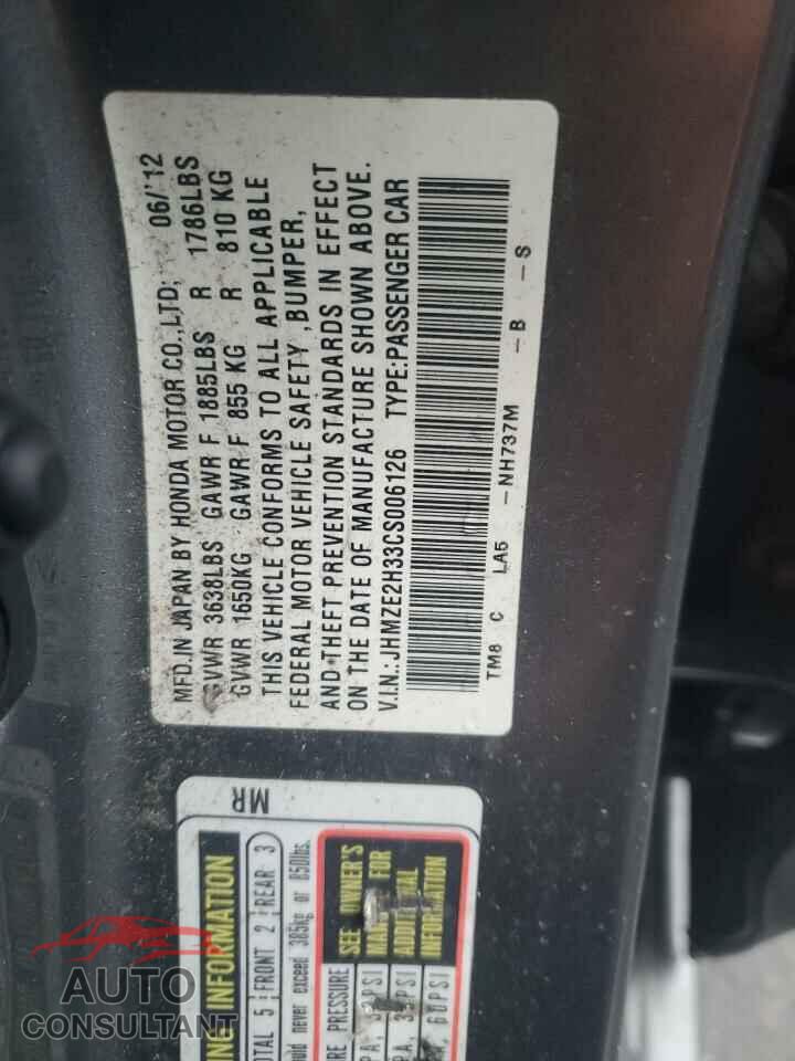 HONDA INSIGHT 2012 - JHMZE2H33CS006126