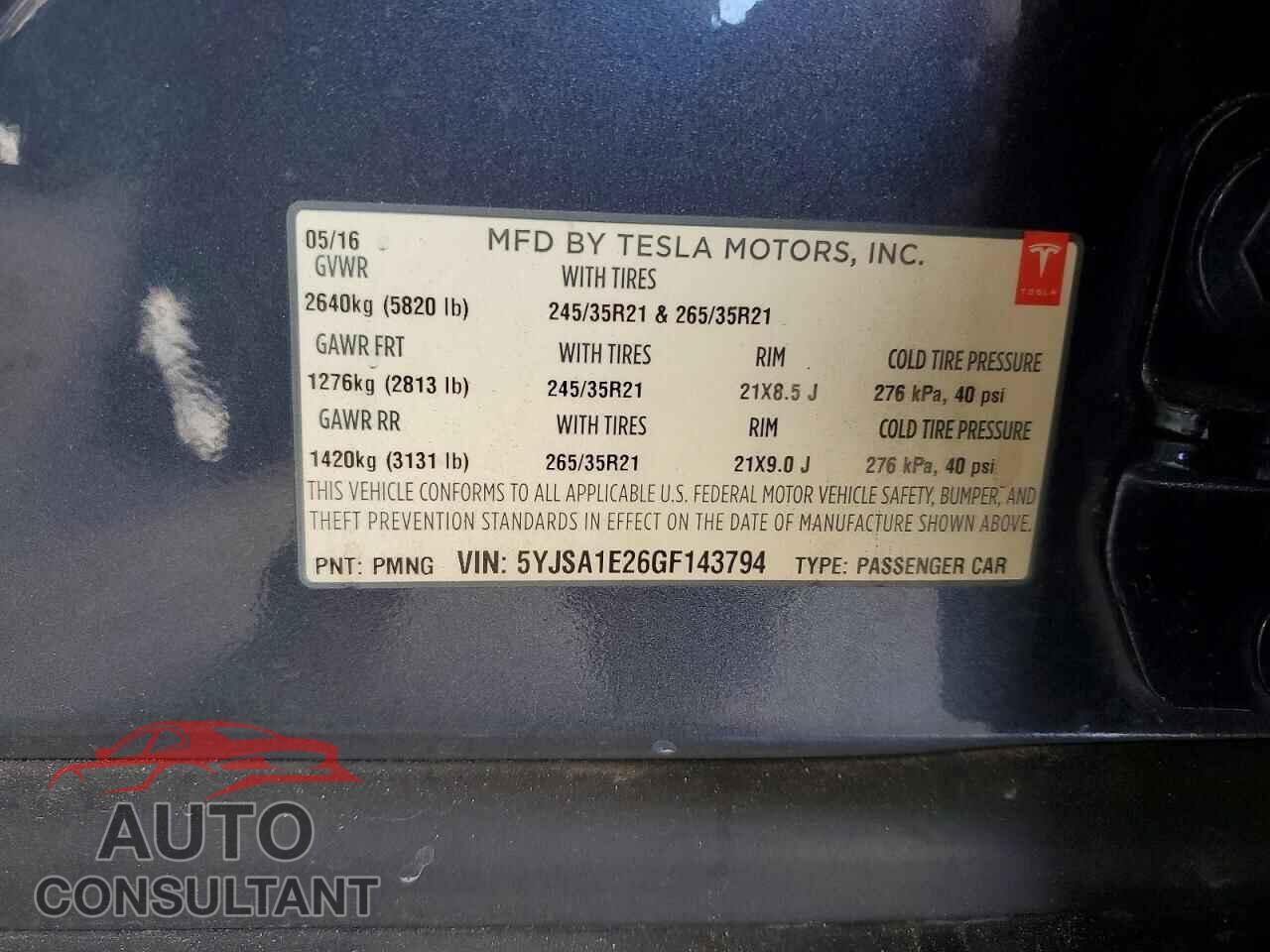 TESLA MODEL S 2016 - 5YJSA1E26GF143794