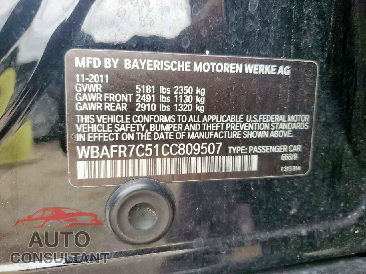 BMW 5 SERIES 2012 - WBAFR7C51CC809507
