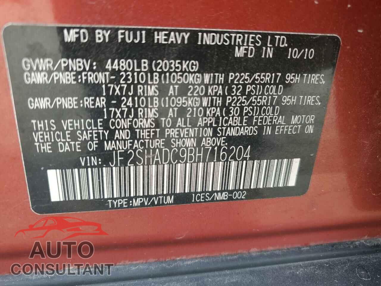 SUBARU FORESTER 2011 - JF2SHADC9BH716204