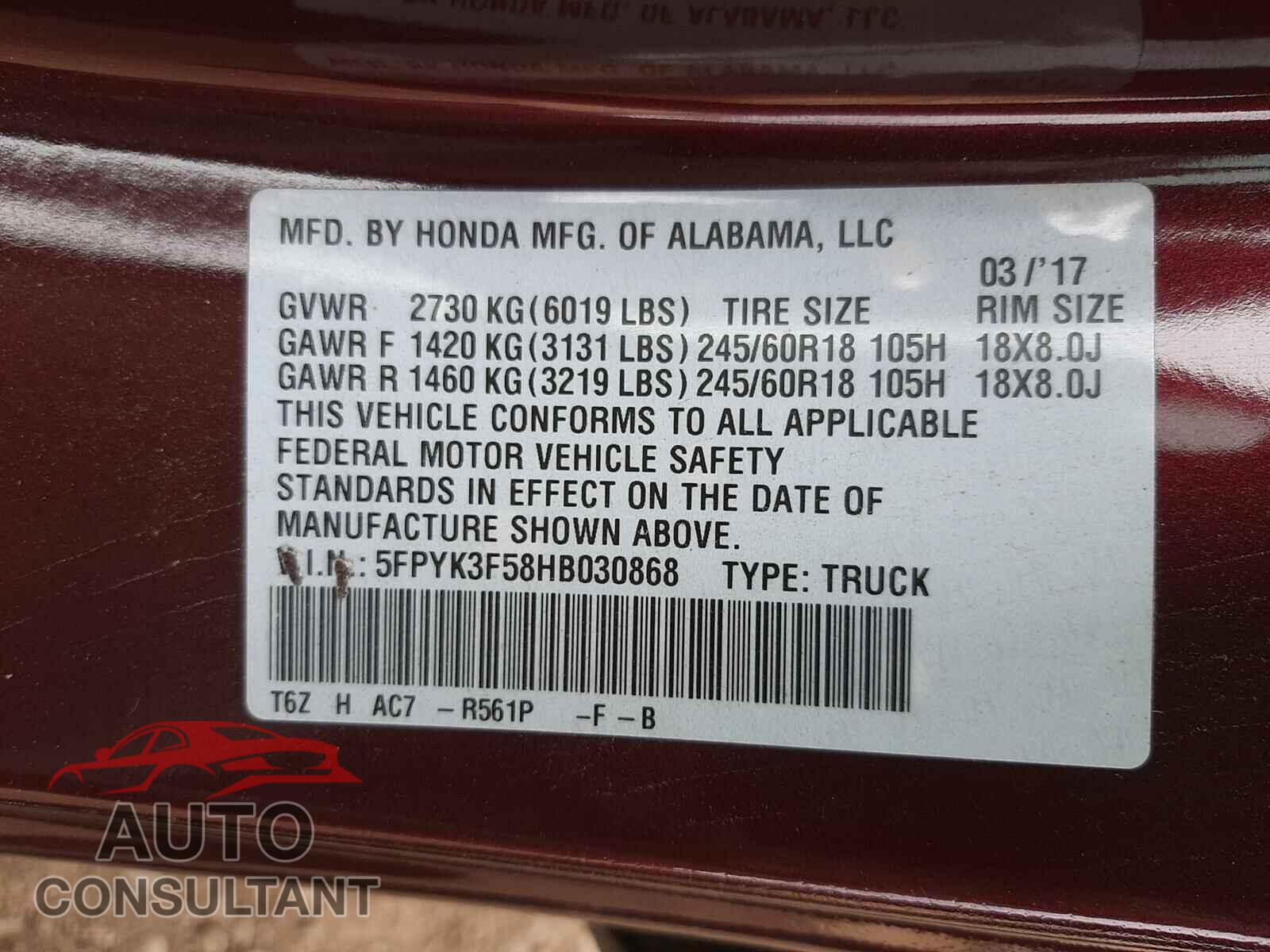 HONDA RIDGELINE 2017 - 5FPYK3F58HB030868