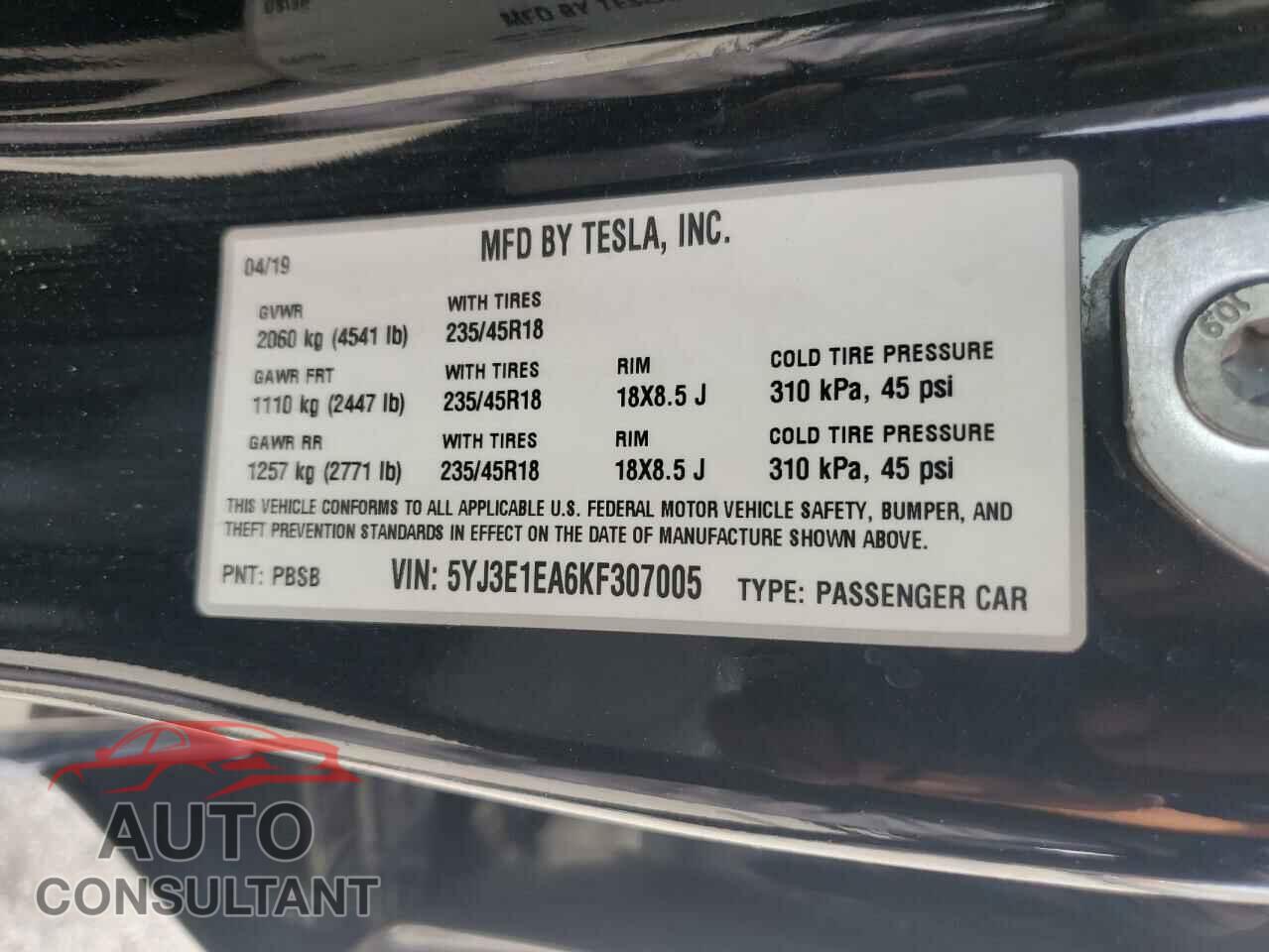 TESLA MODEL 3 2019 - 5YJ3E1EA6KF307005
