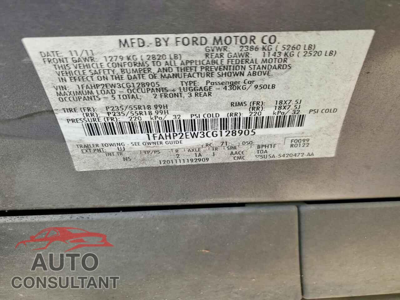 FORD TAURUS 2012 - 1FAHP2EW3CG128905