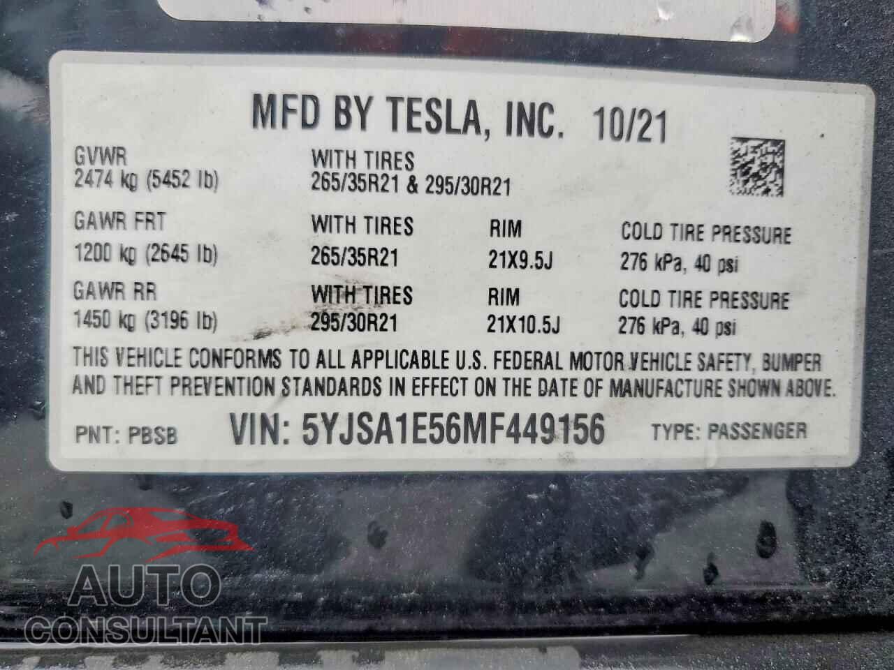 TESLA MODEL S 2021 - 5YJSA1E56MF449156