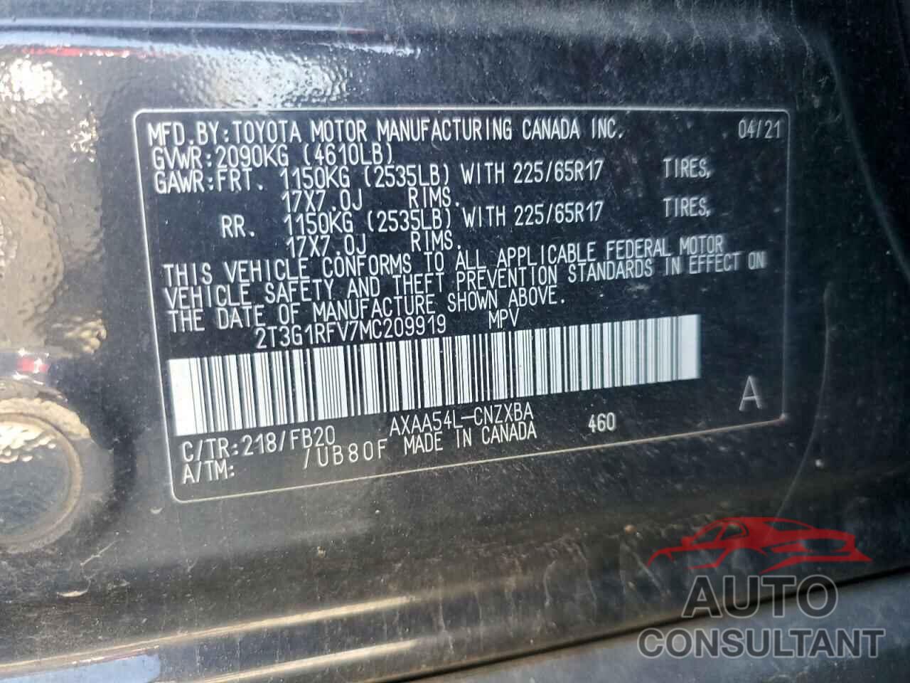TOYOTA RAV4 2021 - 2T3G1RFV7MC209919