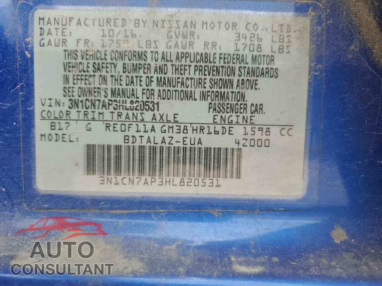 NISSAN VERSA 2017 - 3N1CN7AP3HL820531