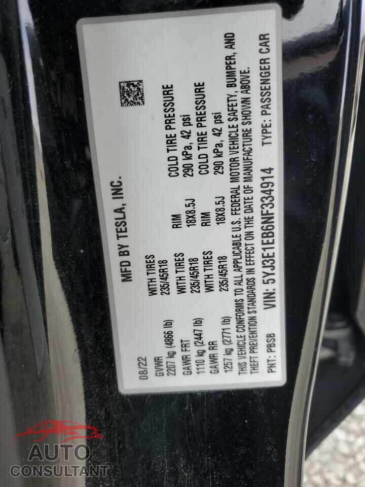 TESLA MODEL 3 2022 - 5YJ3E1EB6NF334914