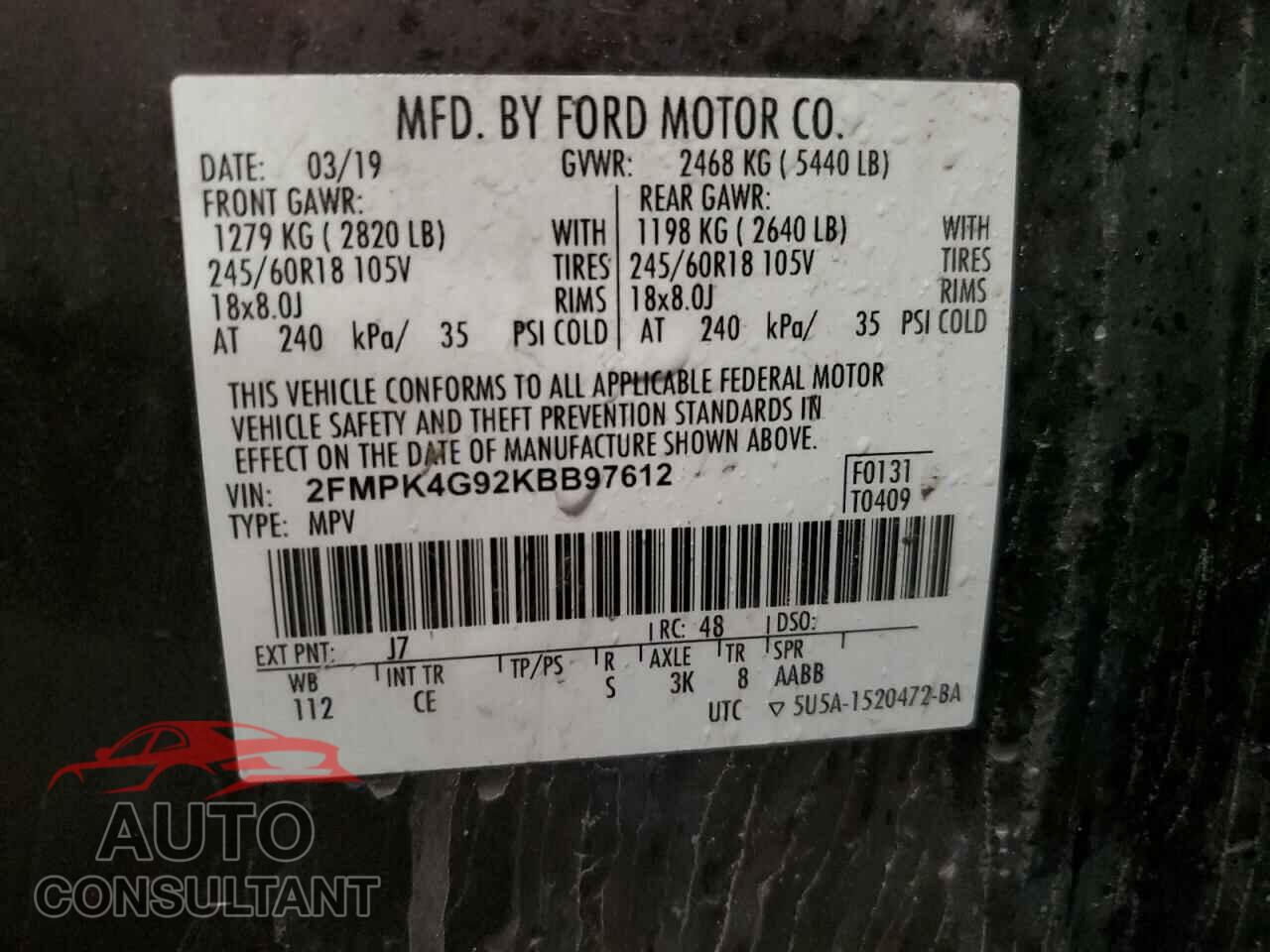 FORD EDGE 2019 - 2FMPK4G92KBB97612