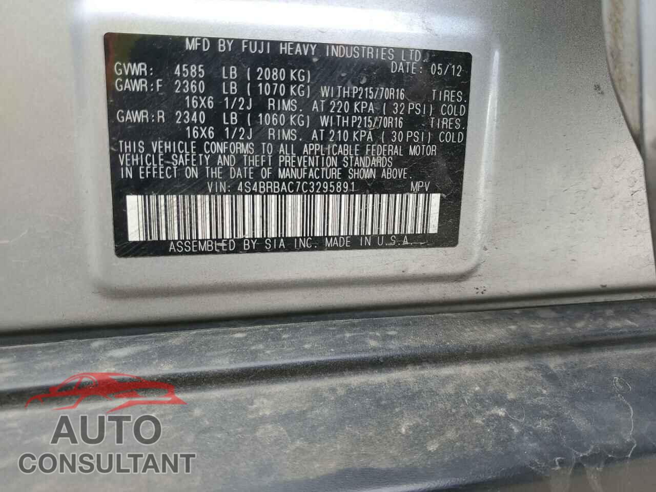 SUBARU OUTBACK 2012 - 4S4BRBAC7C3295891