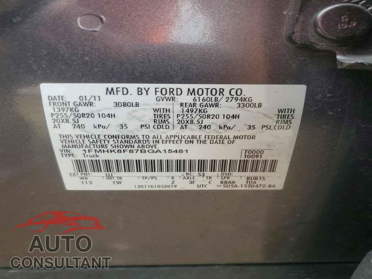 FORD EXPLORER 2011 - 1FMHK8F87BGA15481