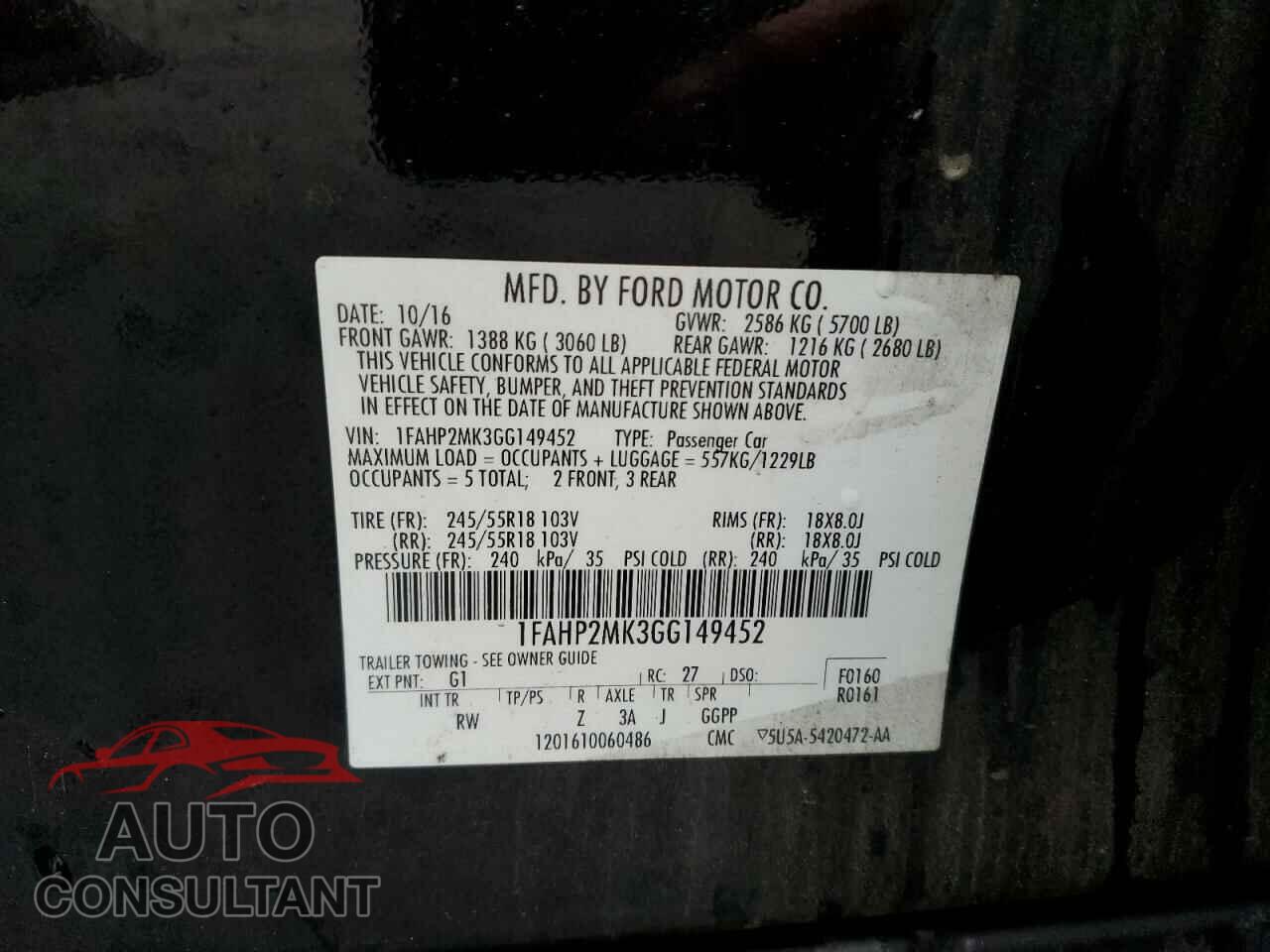 FORD TAURUS 2016 - 1FAHP2MK3GG149452