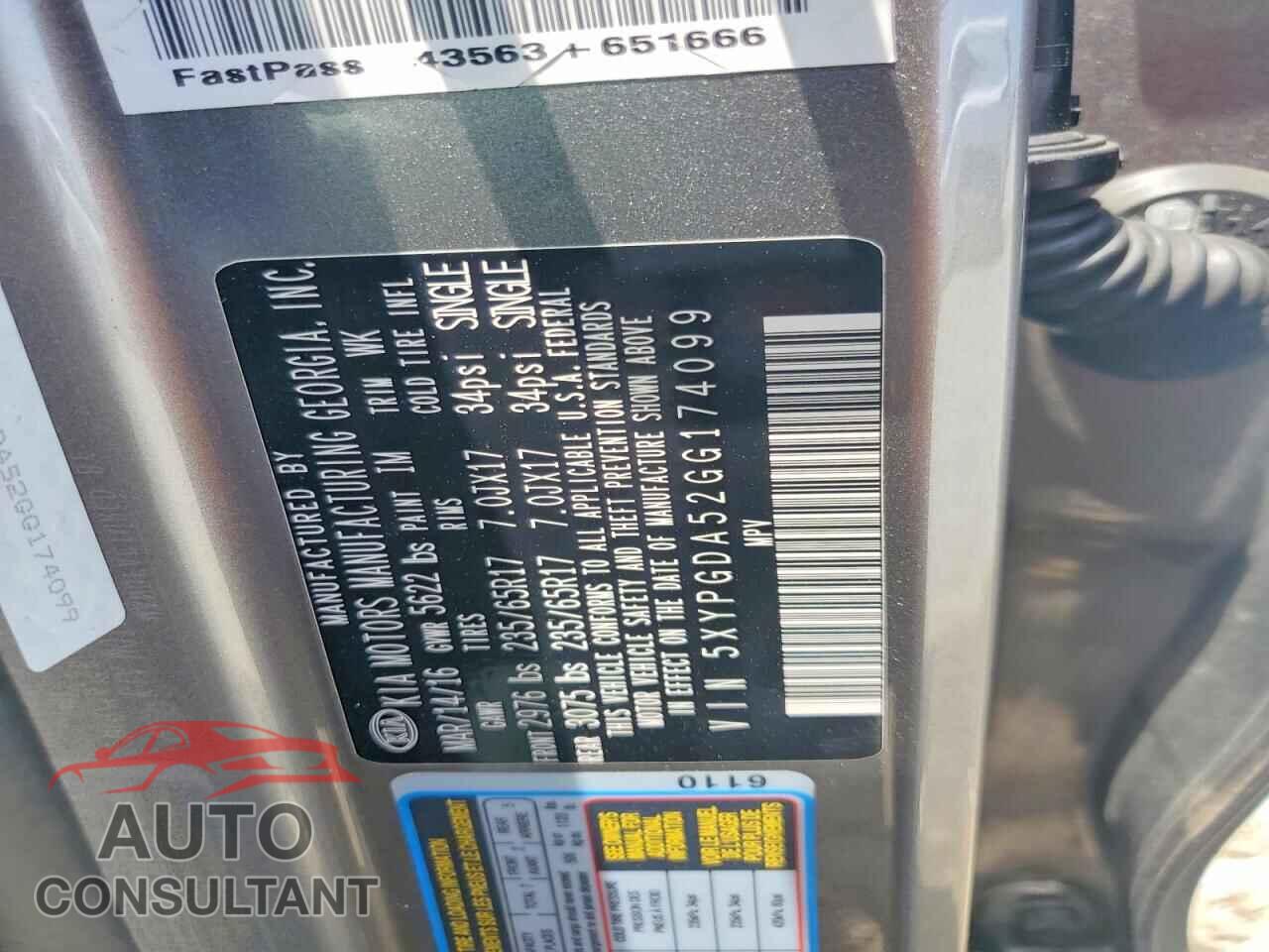 KIA SORENTO 2016 - 5XYPGDA52GG174099