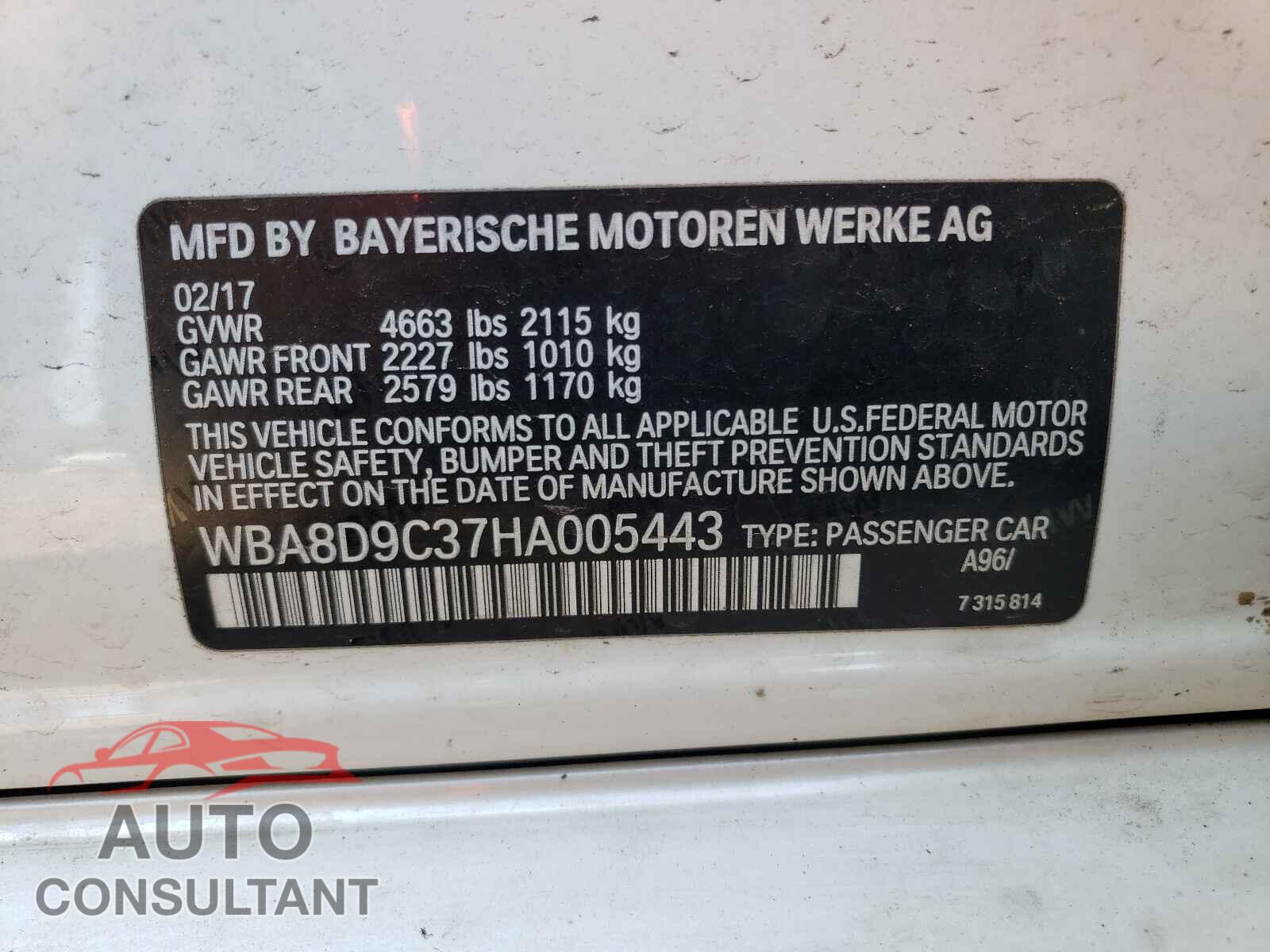 BMW 3 SERIES 2017 - WBA8D9C37HA005443
