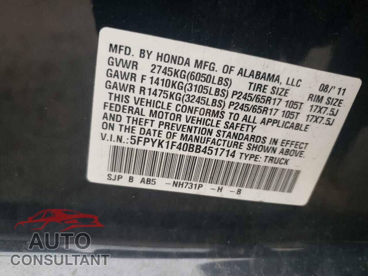 HONDA RIDGELINE 2011 - 5FPYK1F40BB451714
