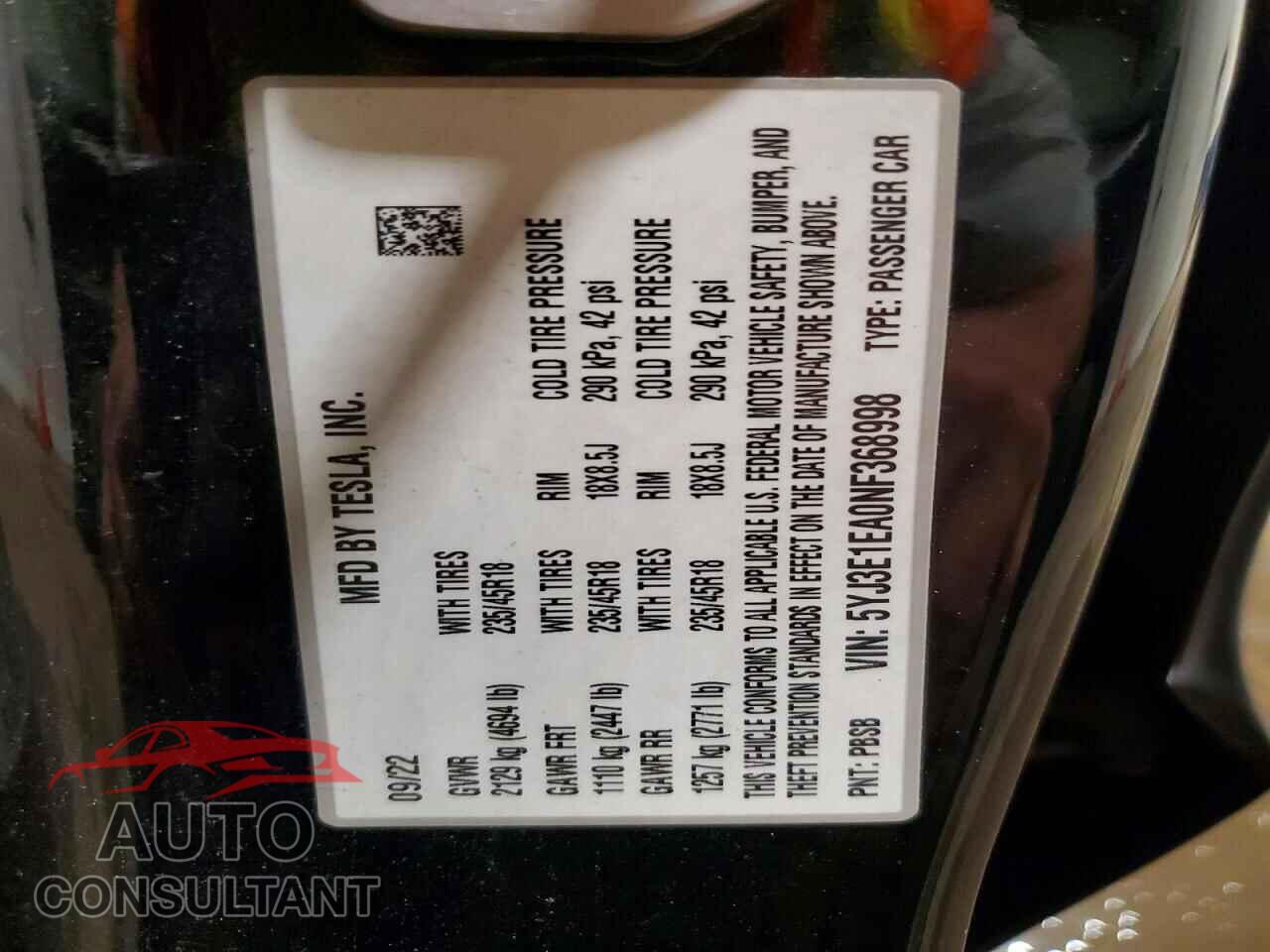 TESLA MODEL 3 2022 - 5YJ3E1EA0NF368998