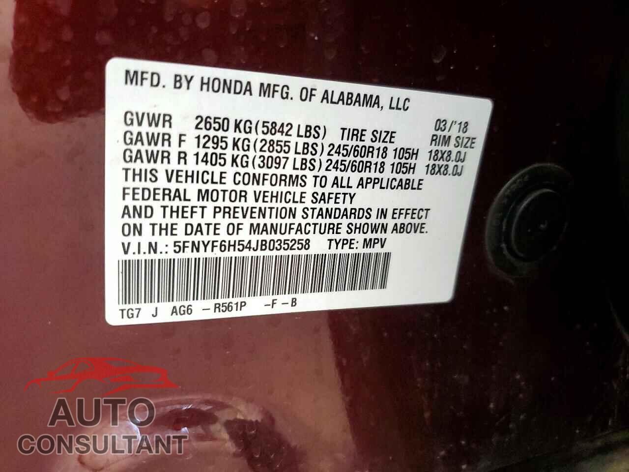 HONDA PILOT 2018 - 5FNYF6H54JB035258