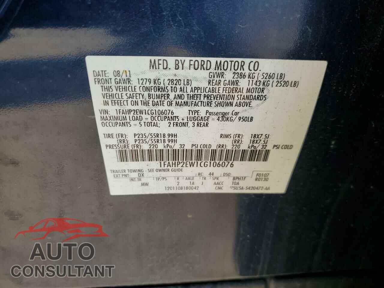 FORD TAURUS 2012 - 1FAHP2EW1CG106076