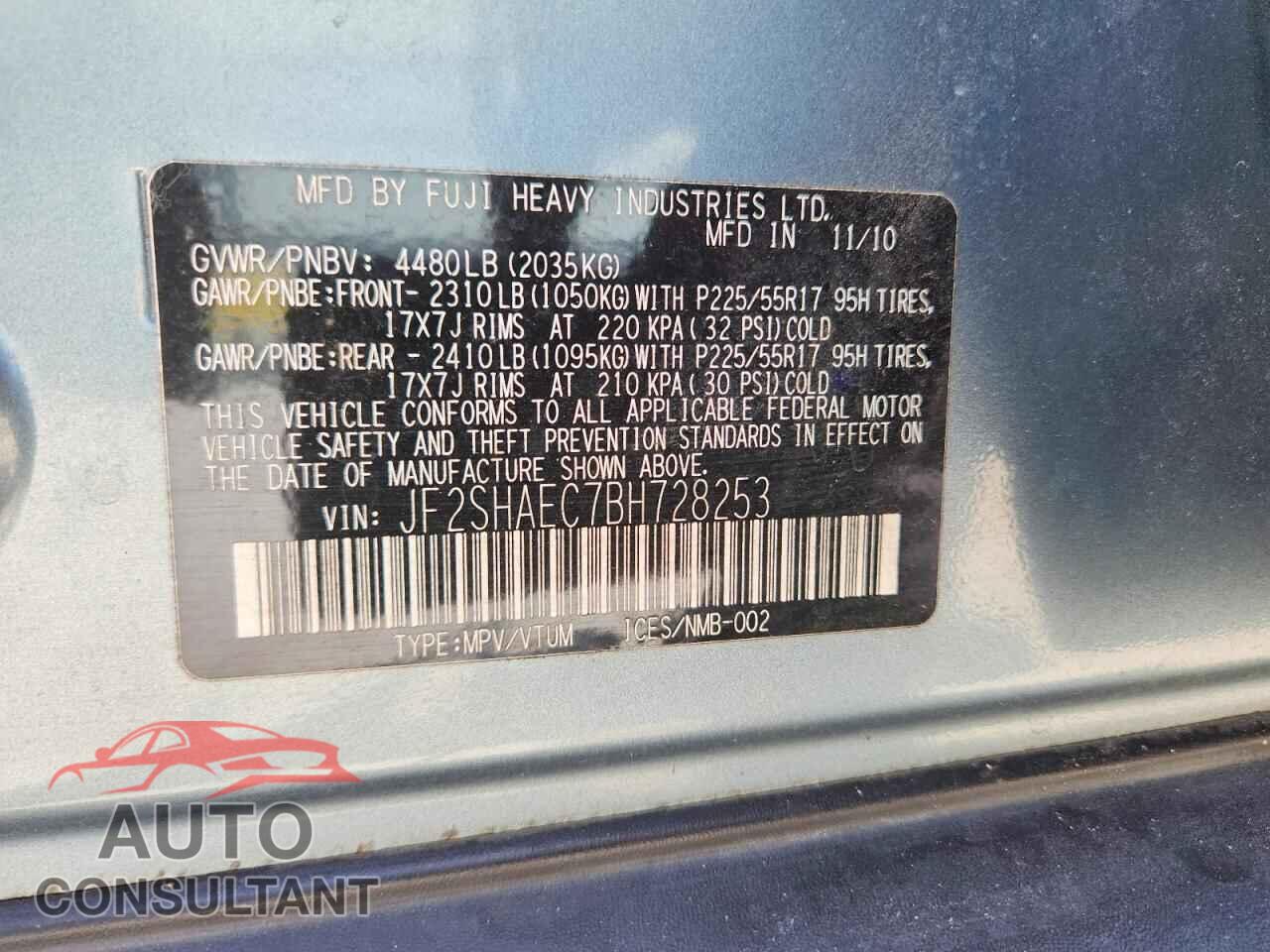SUBARU FORESTER 2011 - JF2SHAEC7BH728253