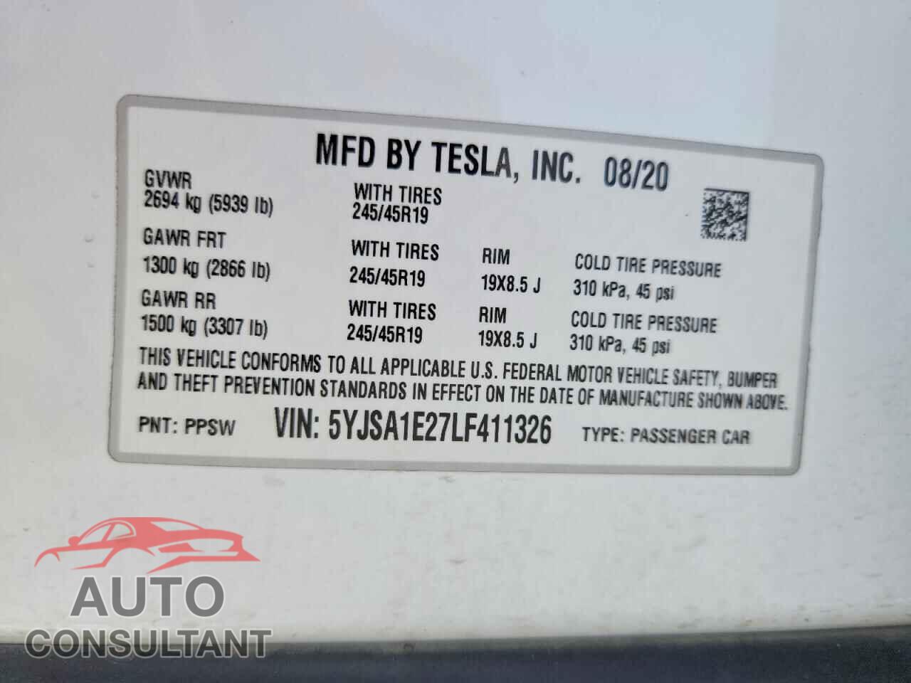 TESLA MODEL S 2020 - 5YJSA1E27LF411326