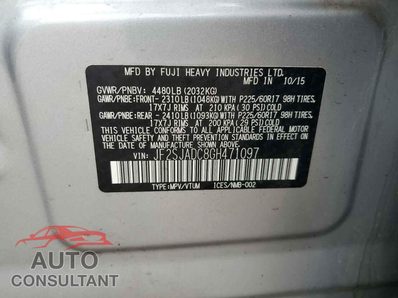 SUBARU FORESTER 2016 - JF2SJADC8GH471097