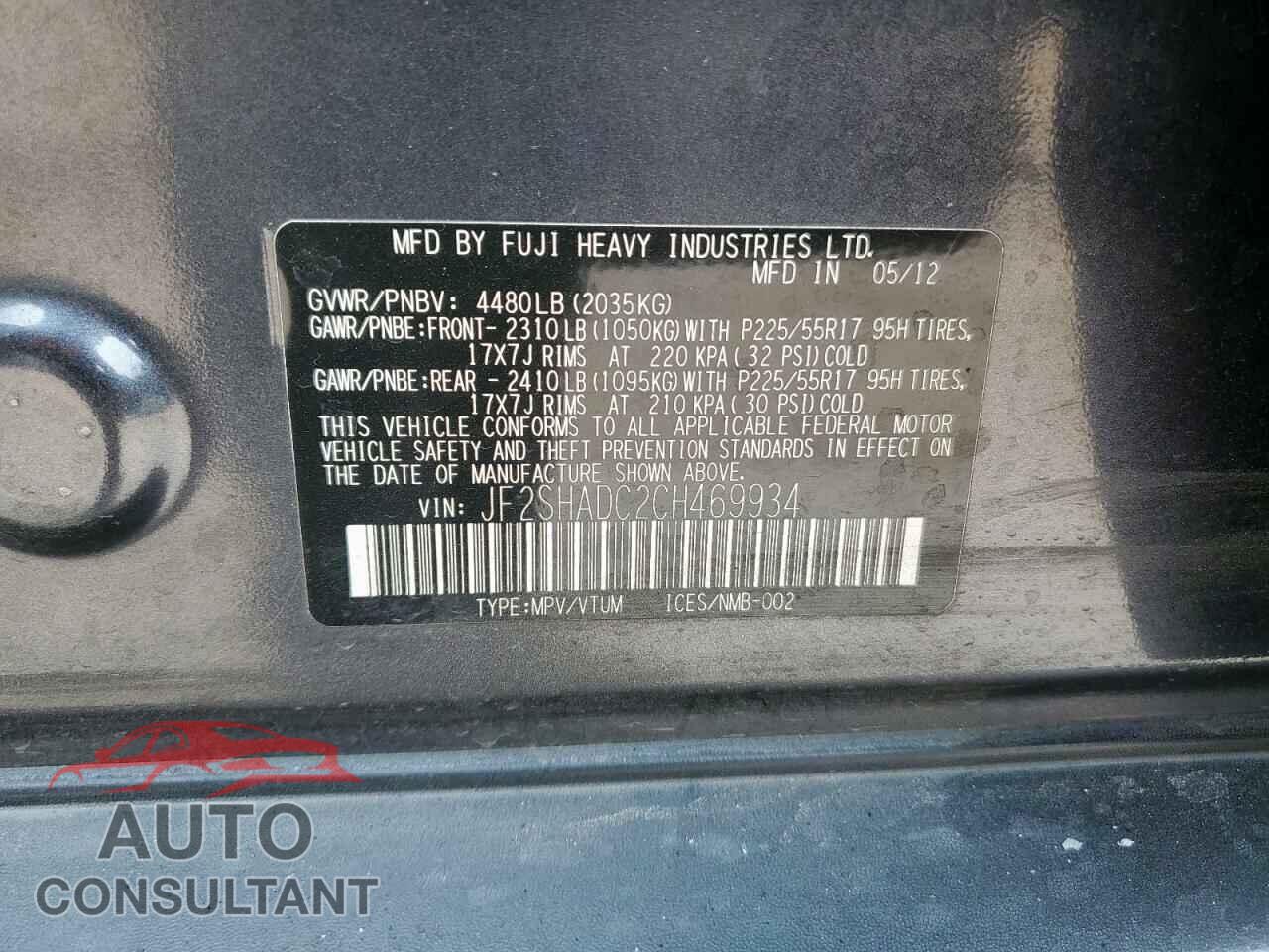 SUBARU FORESTER 2012 - JF2SHADC2CH469934