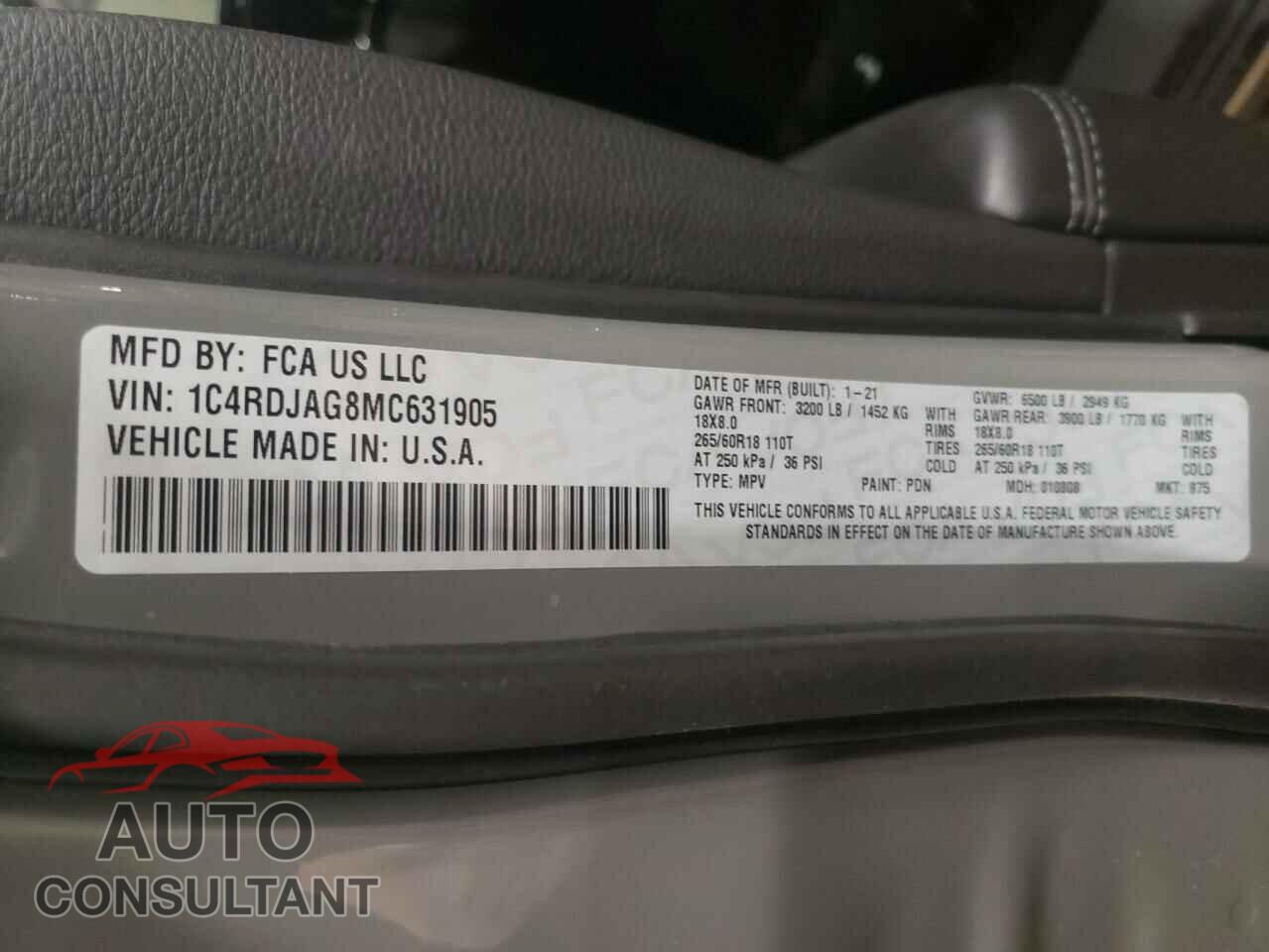 DODGE DURANGO 2021 - 1C4RDJAG8MC631905
