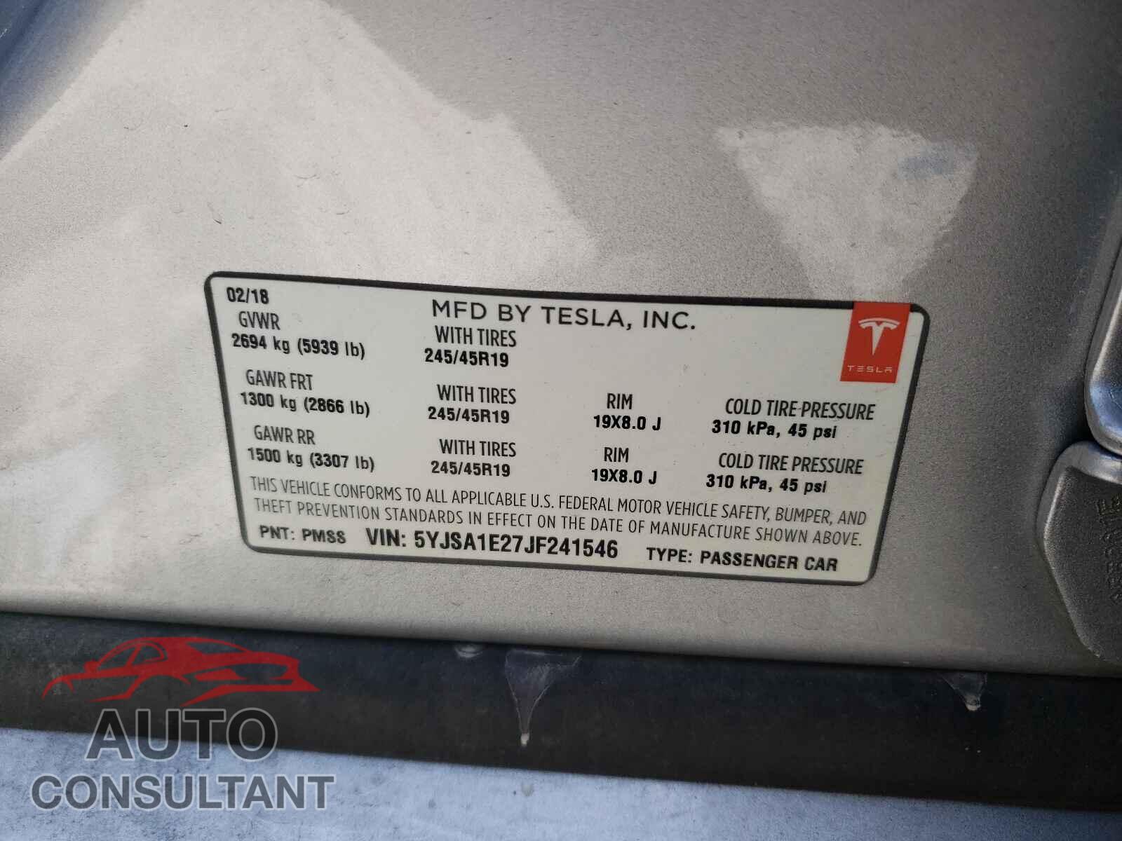 TESLA MODEL S 2018 - 5YJSA1E27JF241546