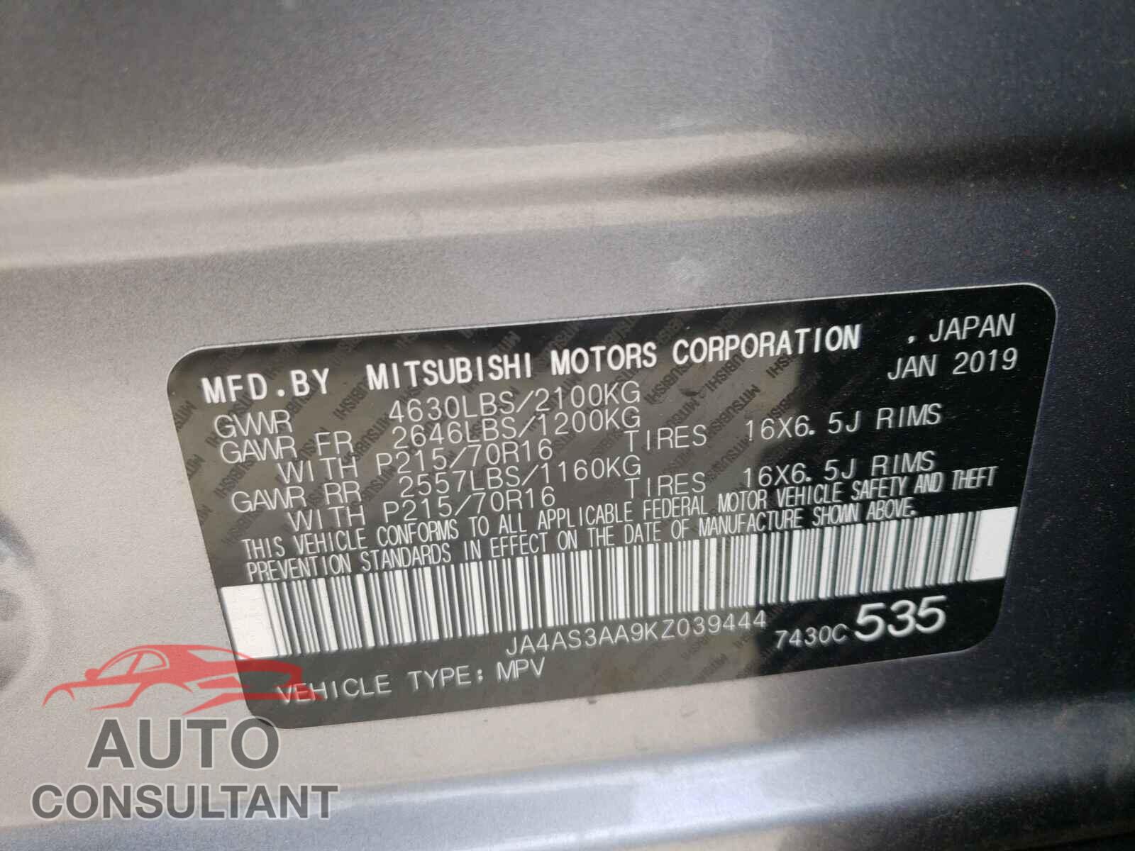 MITSUBISHI ECLIPSE 2019 - JA4AS3AA9KZ039444