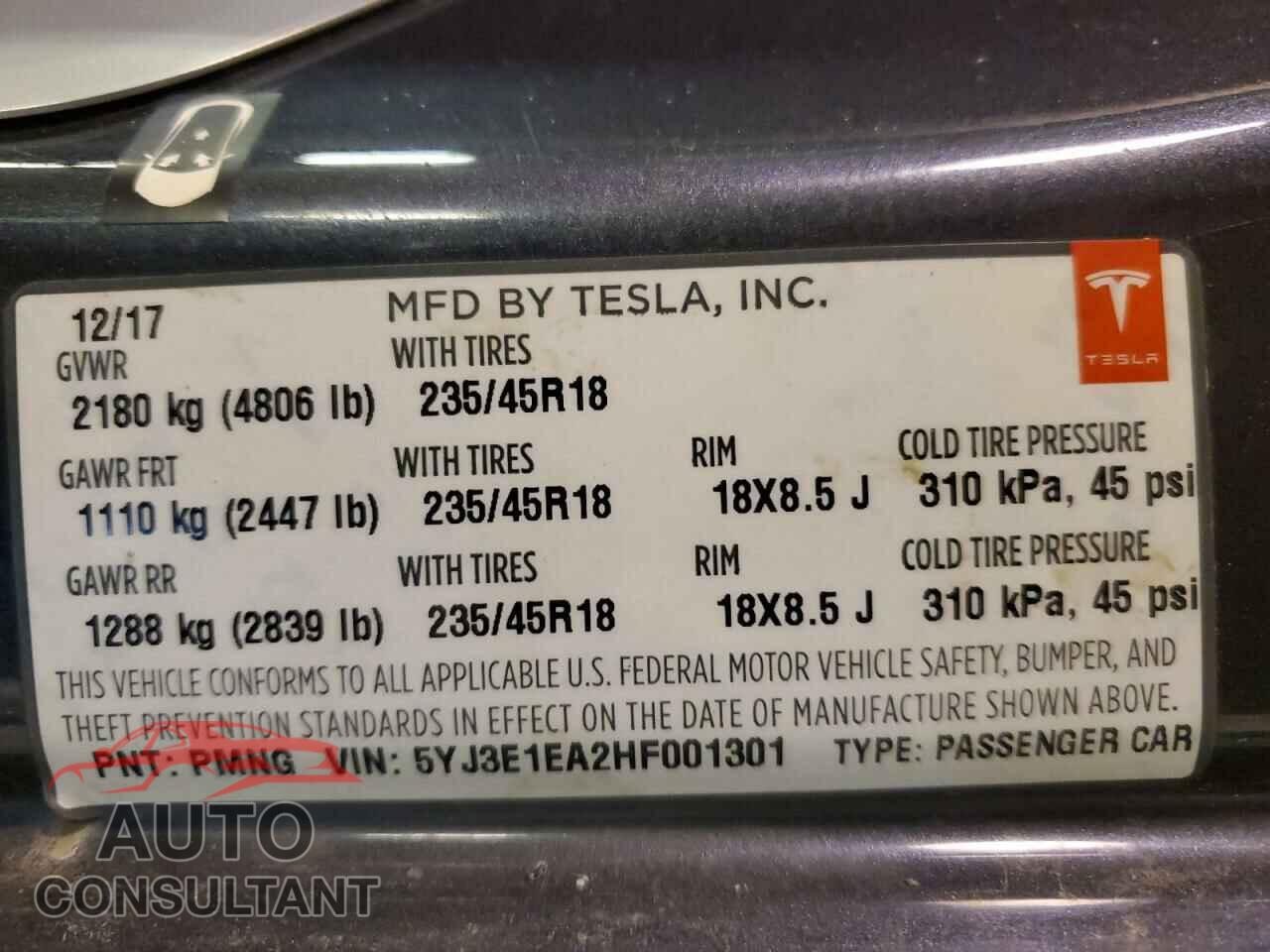 TESLA MODEL 3 2017 - 5YJ3E1EA2HF001301