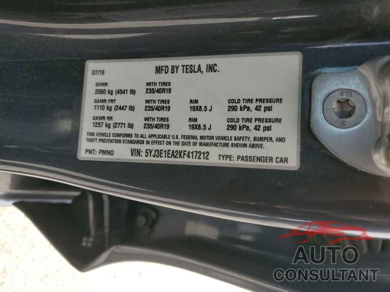 TESLA MODEL 3 2019 - 5YJ3E1EA2KF417212