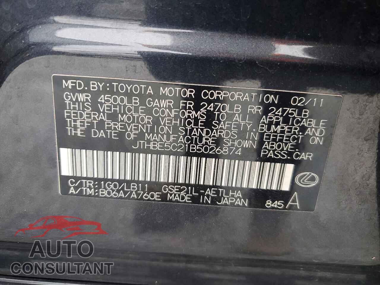 LEXUS IS 2011 - JTHBE5C21B5026874