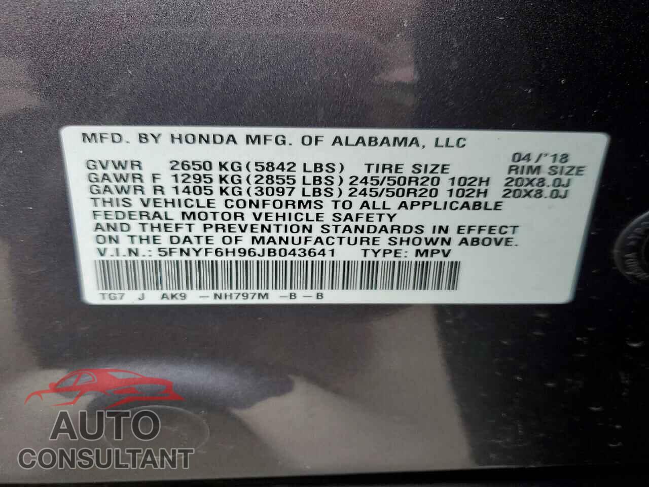 HONDA PILOT 2018 - 5FNYF6H96JB043641