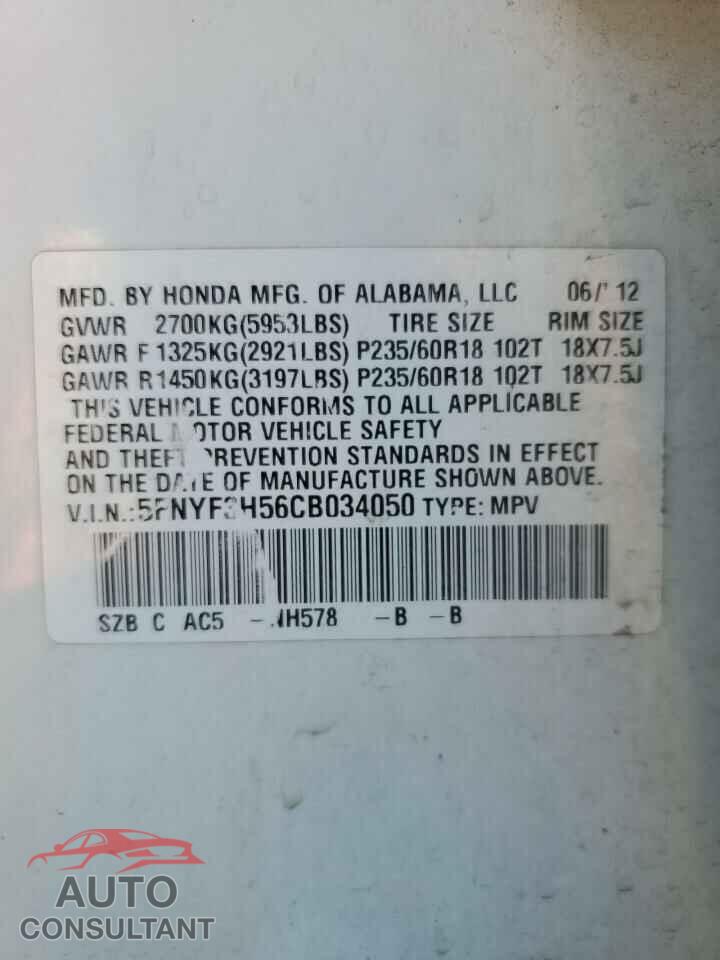 HONDA PILOT 2012 - 5FNYF3H56CB034050