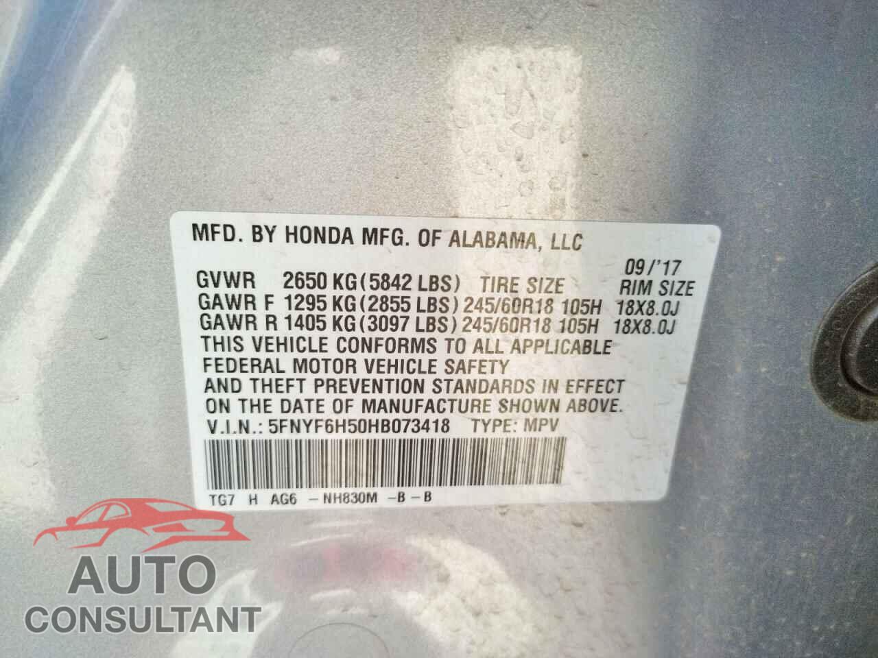 HONDA PILOT 2017 - 5FNYF6H50HB073418
