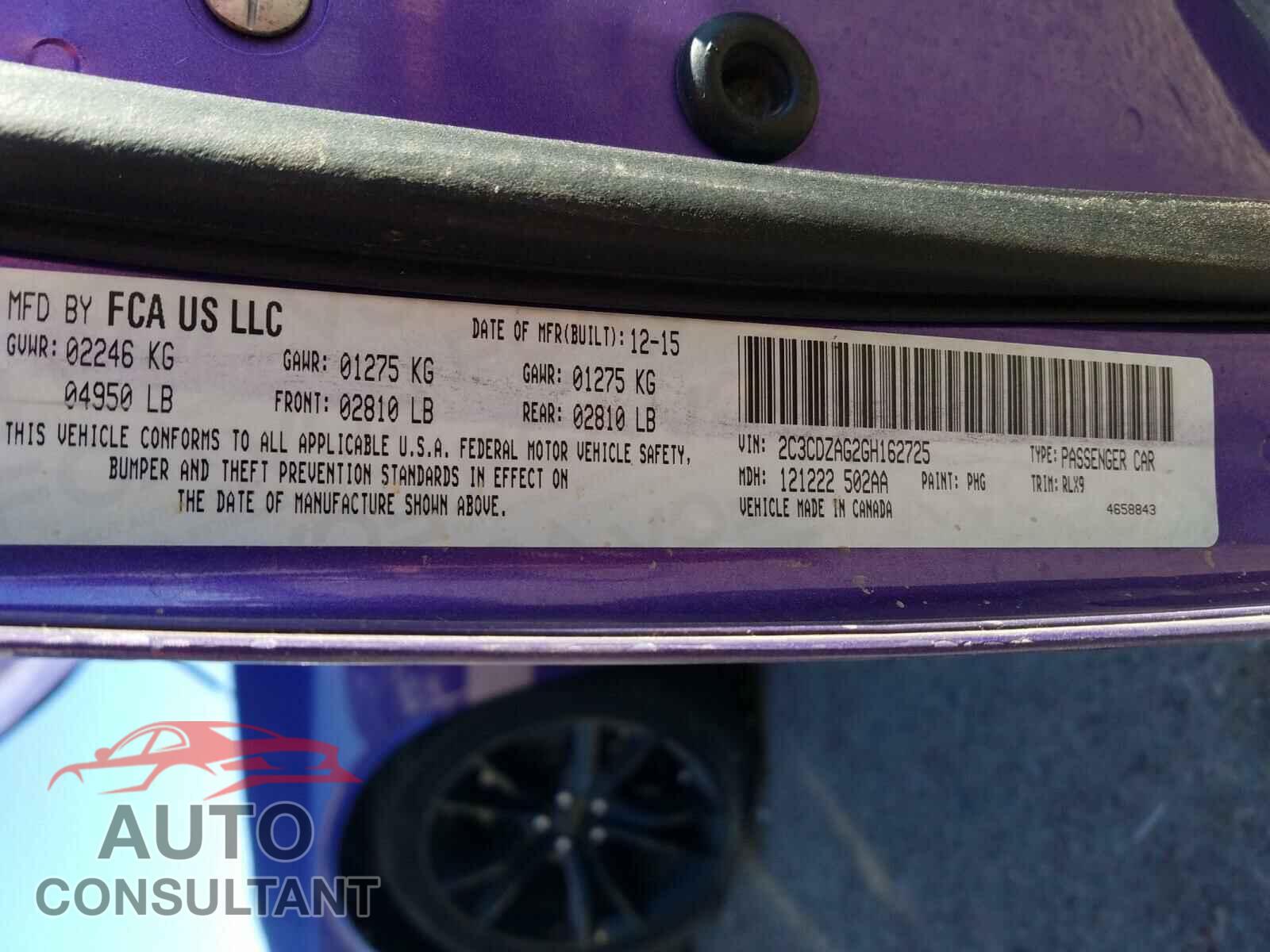 DODGE CHALLENGER 2016 - 2C3CDZAG2GH162725